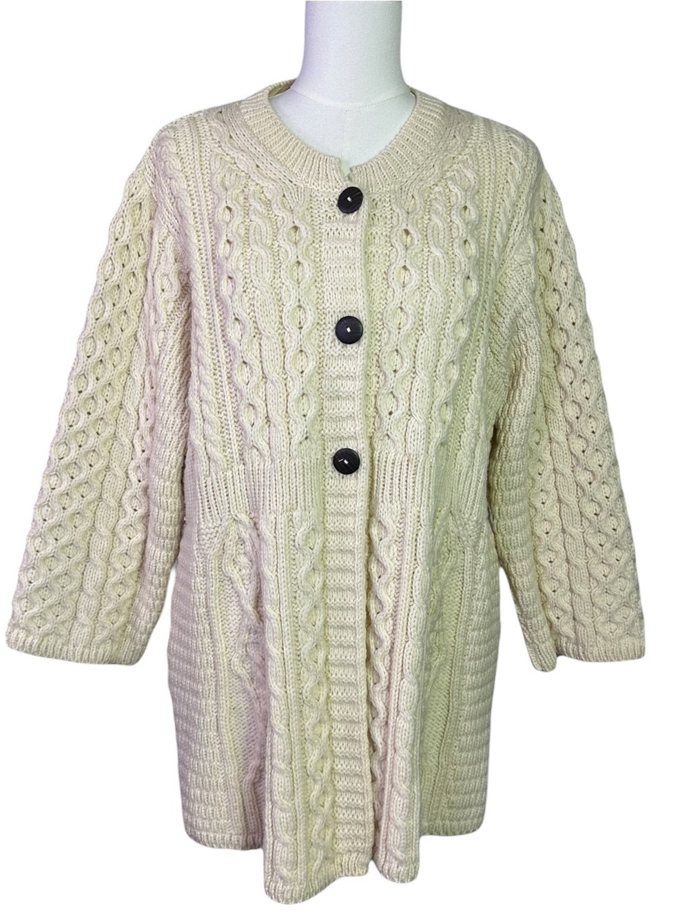 Vintage Kilronan Knitwear Aran Fisherman Wool Cable Knit Cardigan Sweater Large